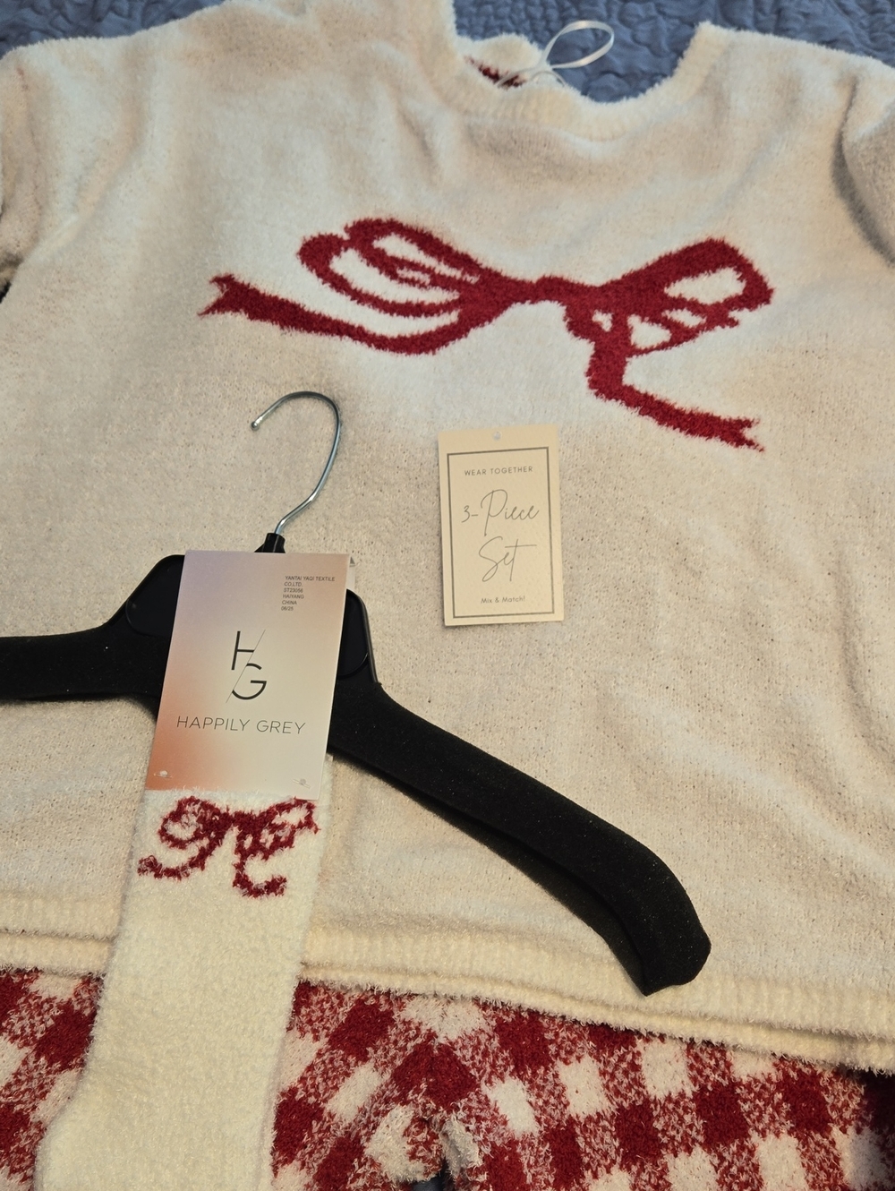 Happily Grey Women's Cream Knit Sweater & Red Accent Pants Set